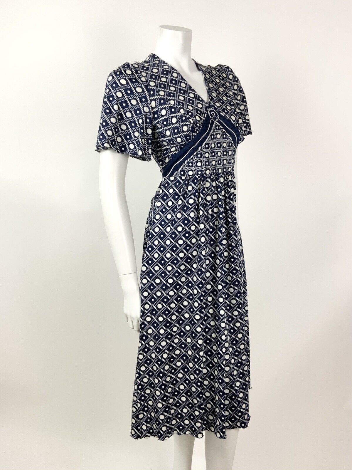 VINTAGE 60s 70s NAVY BLUE WHITE GRID ROPE DOTTY NAUTICAL SWING DRESS 10 12