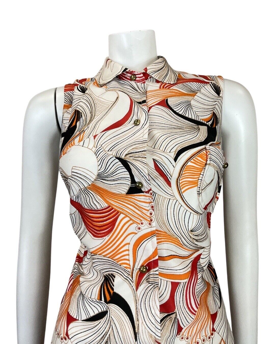 VINTAGE 60s 70s WHITE RED BLACK PSYCHEDELIC FLORAL SLEEVELESS MOD SHIRT DRESS 10