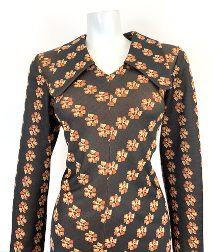 VTG 60s 70s BROWN ORANGE YELLOW FLORAL STRIPED SPOON COLLAR SHIRT DRESS 14 16