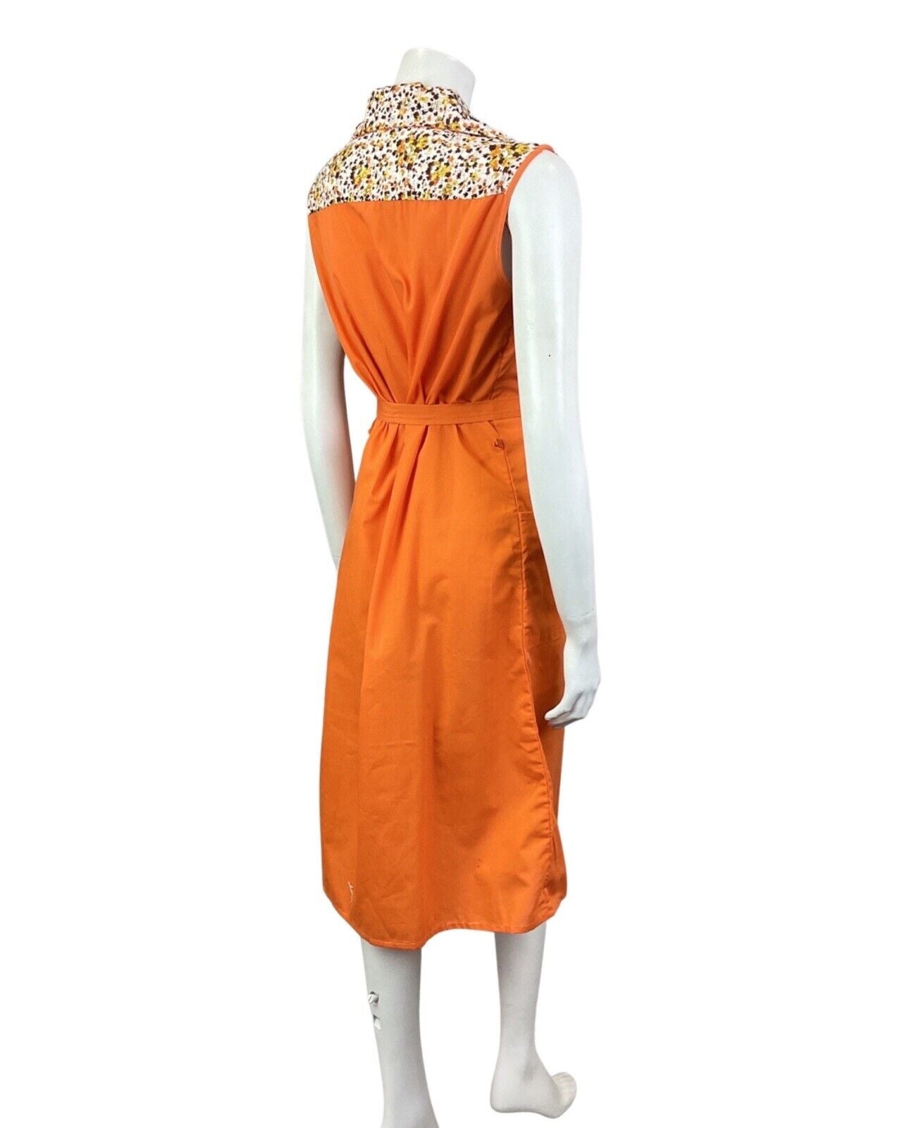 VINTAGE 60s 70s ORANGE YELLOW BROWN FLORAL LEAFY SLEEVELESS SHIRT DRESS 12 14