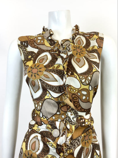 VINTAGE 60s 70s BROWN CREAM YELLOW WHITE PSYCHEDELIC FLORAL RUFFLE DRESS 12