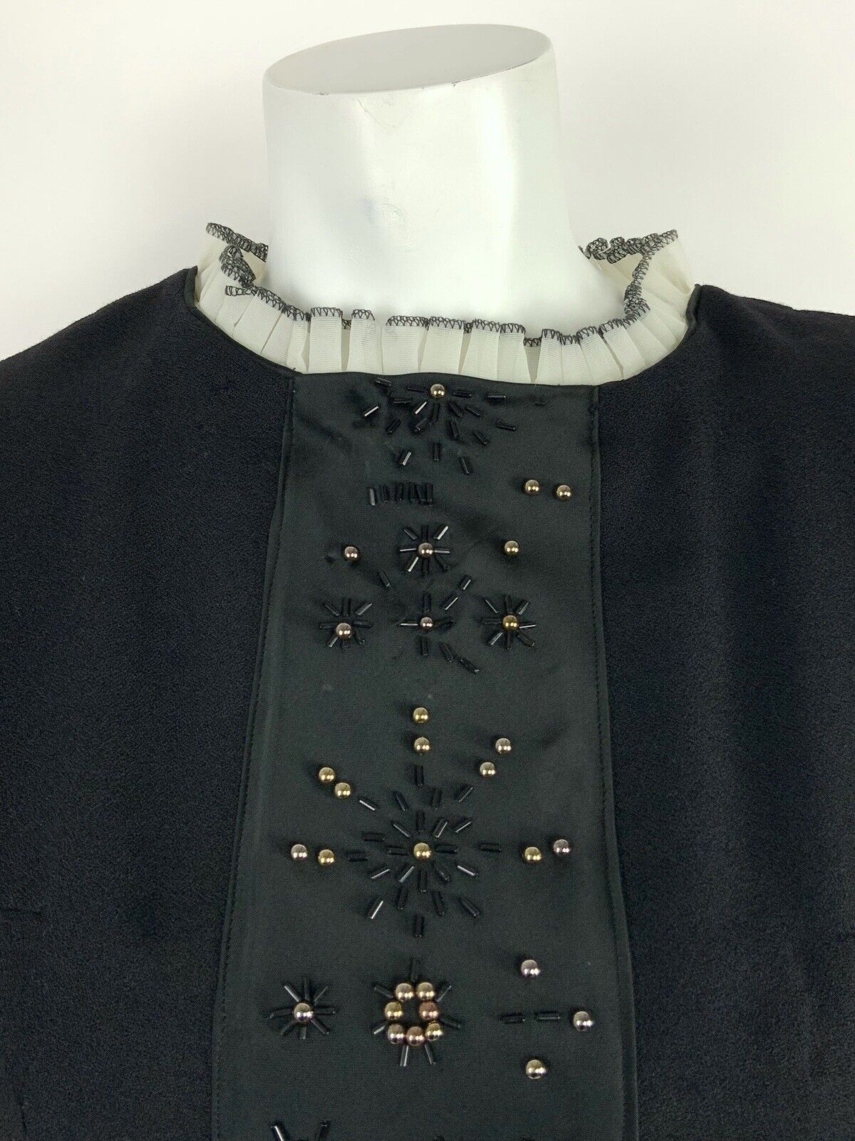 VINTAGE 60s 70s BLACK GOLD WHITE RUFFLED BEADED STAR TUNIC DRESS 8