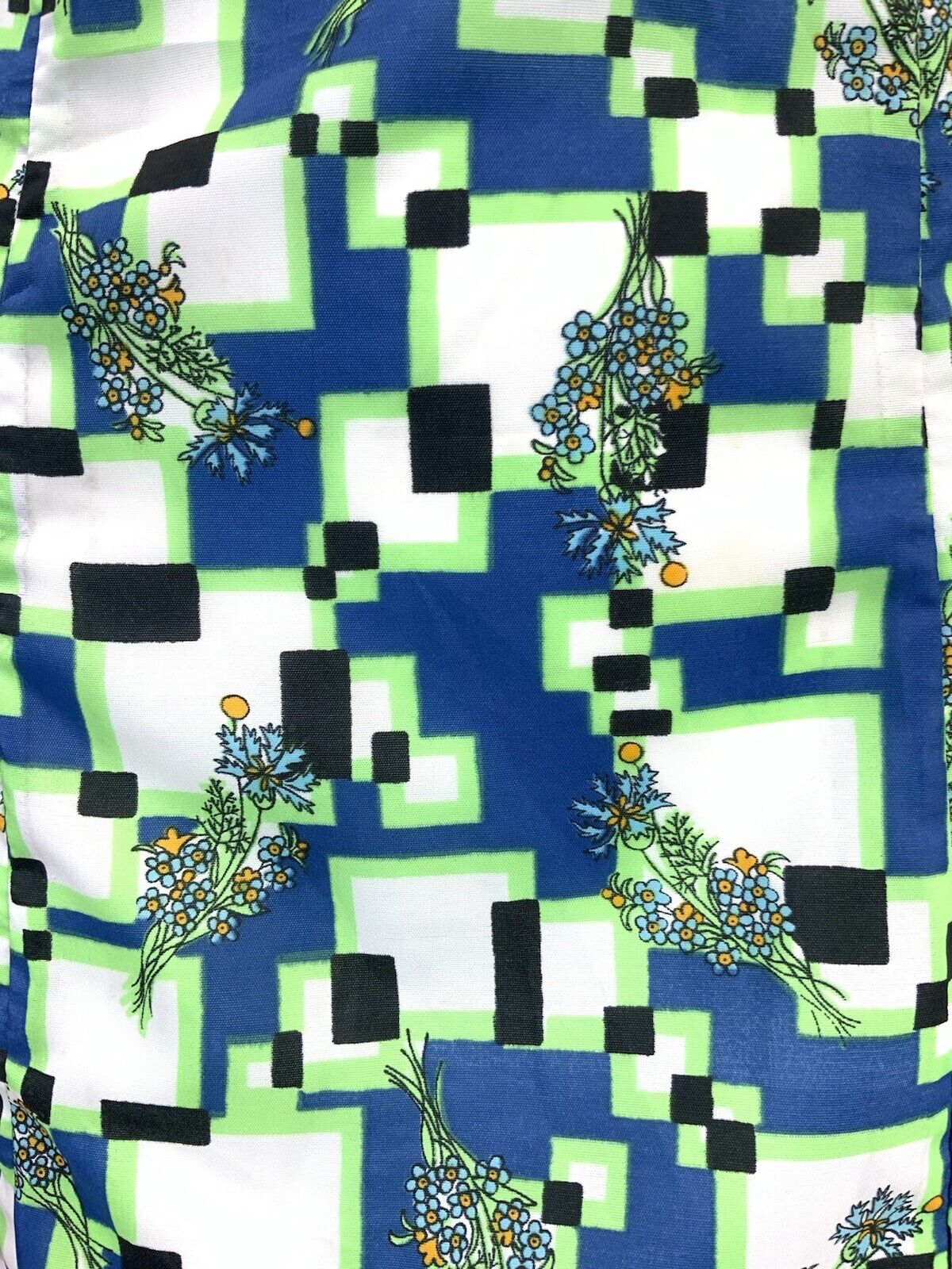 VINTAGE 60s 70s BLUE NEON GREEN WHITE GEOMETRIC FLORAL PIXEL MOD SHORT DRESS 14
