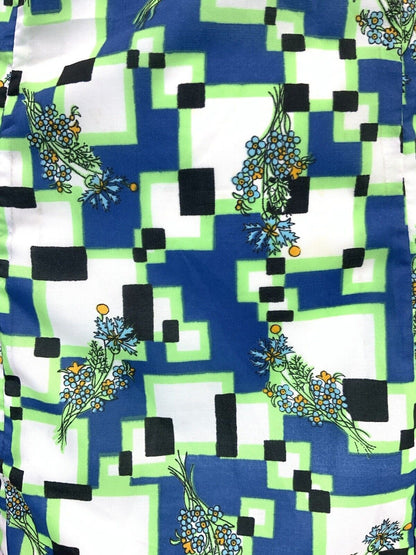 VINTAGE 60s 70s BLUE NEON GREEN WHITE GEOMETRIC FLORAL PIXEL MOD SHORT DRESS 14