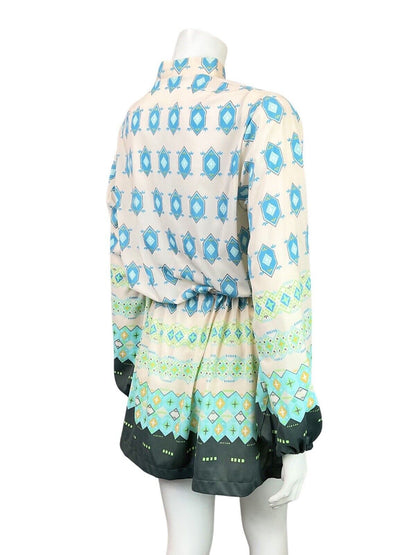 VINTAGE 60s 70s WHITE BLUE GREEN GEOMETRIC BOHO FOLK BLOUSON DRESS 12 14