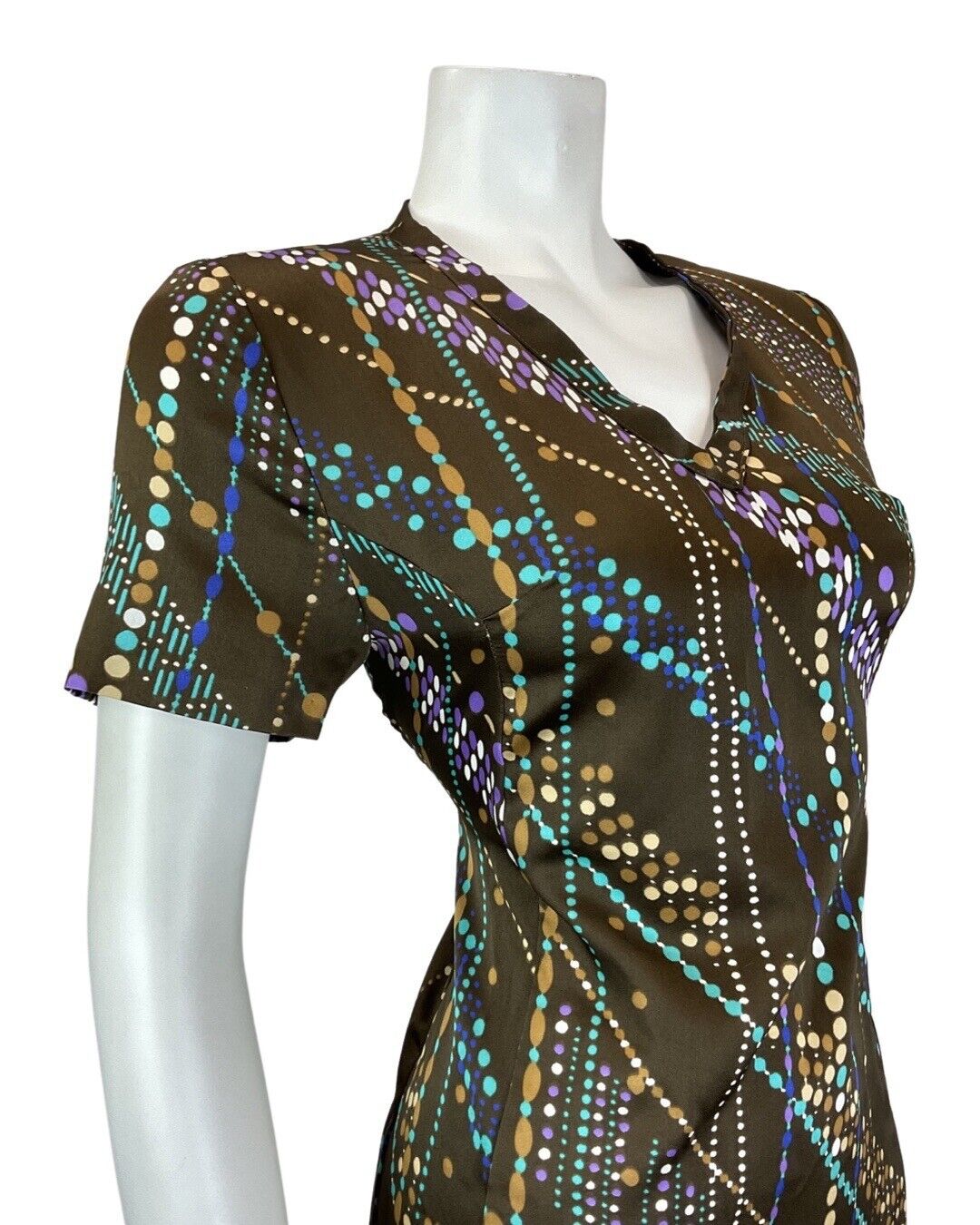 VINTAGE 60s 70s BROWN BLUE PURPLE BEAD REED DOTTY MOD SHORT SLEEVE DRESS 12