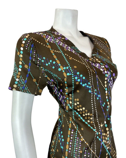 VINTAGE 60s 70s BROWN BLUE PURPLE BEAD REED DOTTY MOD SHORT SLEEVE DRESS 12