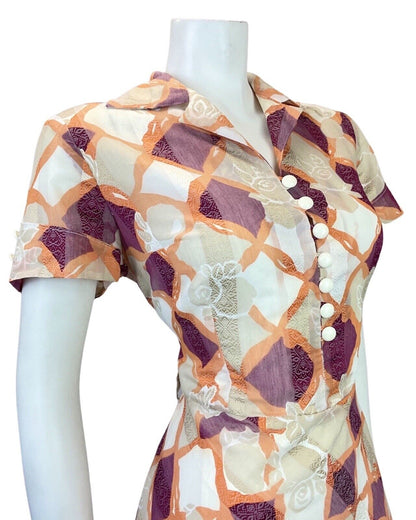 VINTAGE 60s 70s WHITE PURPLE ORANGE CHECKED FLORAL DAGGER SHIRT DRESS 10 12