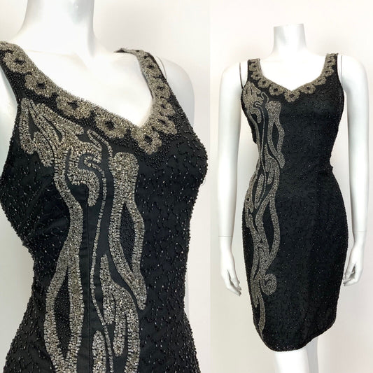 VINTAGE 70s 80s BLACK GREY SILVER BEADED SEQUIN STUDIO 54 GLAM PARTY DRESS 12