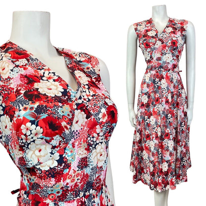 VINTAGE 60s 70s RED BLUE WHITE FLORAL DITSY SLEEVELESS SUMMER SWING DRESS 14