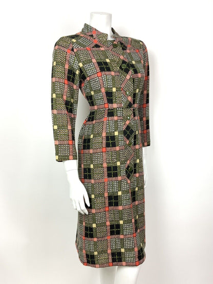 VINTAGE 60s 70s BLACK WHITE RED GREEN GEOMETRIC CHECKED MANDARIN DRESS 12 14