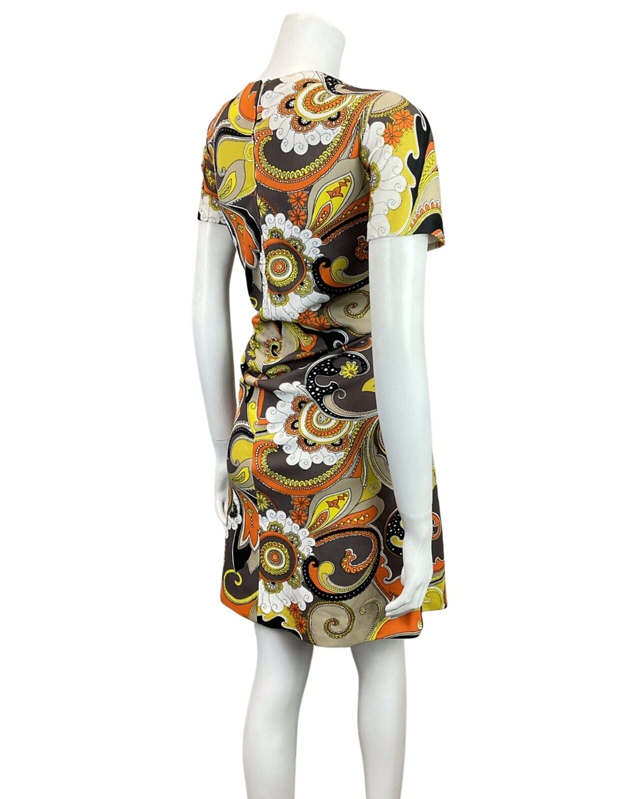 VINTAGE 60s 70s GREY YELLOW BLACK ORANGE PSYCHEDELIC MANDALA FLORAL MOD DRESS 12