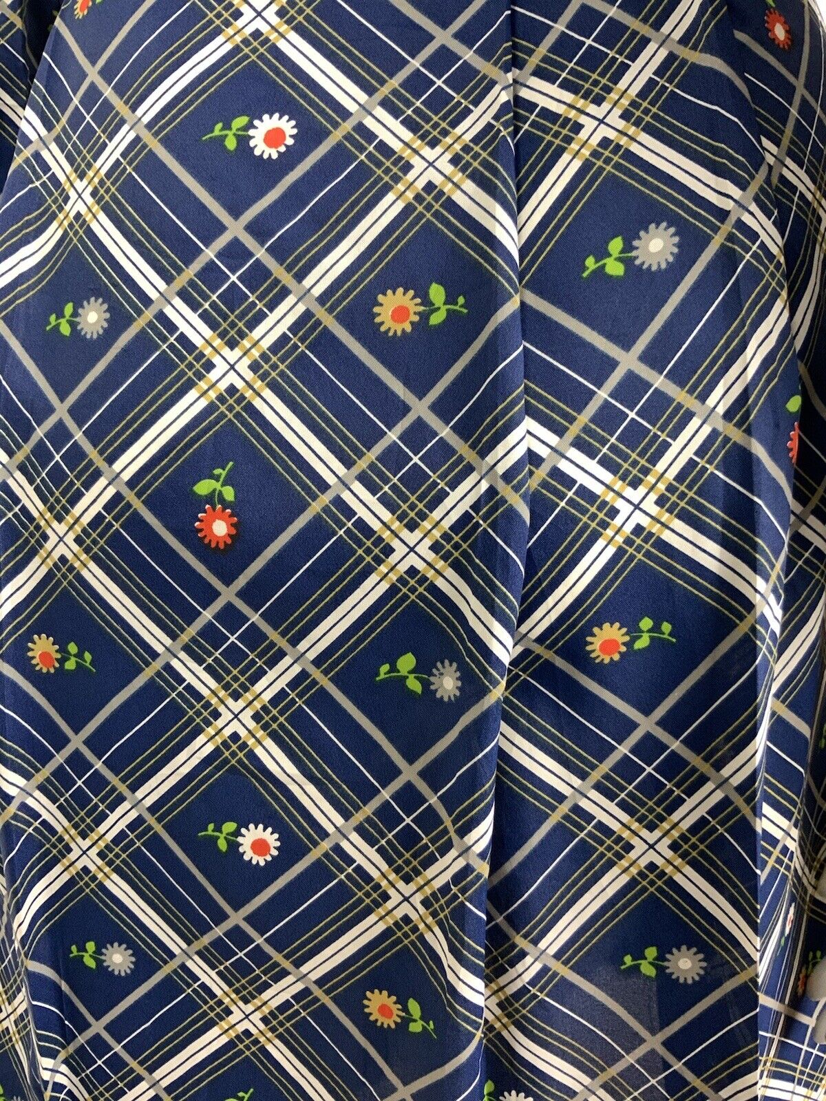 VTG 60s 70s BLUE WHITE SILVER RED PLAID CHECKED DAISY FLORAL SHIRT DRESS 12 14