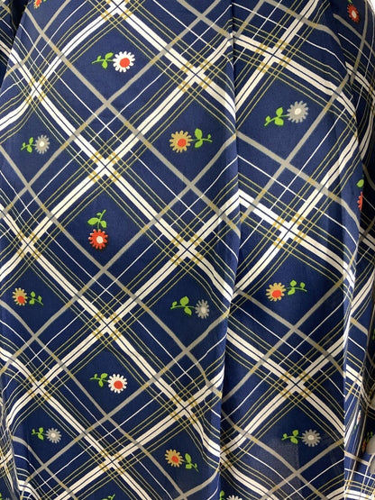 VTG 60s 70s BLUE WHITE SILVER RED PLAID CHECKED DAISY FLORAL SHIRT DRESS 12 14