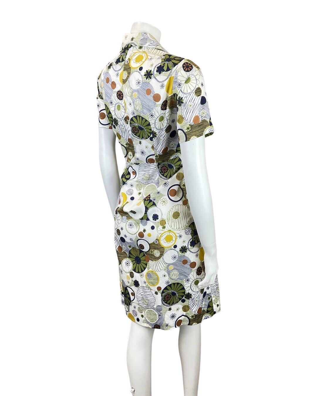 VINTAGE 60s 70s WHITE GREEN YELLOW PSYCHEDELIC DOTTY MOD DAISY SHIRT DRESS 10 12