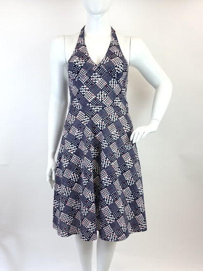 VINTAGE 60s 70s BLUE RED WHITE GEOMETRIC CHECKERBOARD MOD HALTER SUMMER DRESS 16