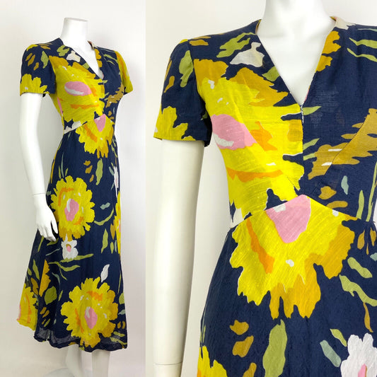 VINTAGE 60s 70s NAVY BLUE YELLOW PINK FLORAL V-NECK SWING SUMMER DRESS 8 10