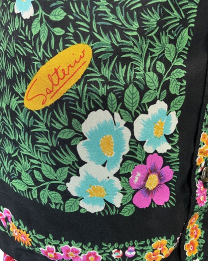 VINTAGE 70s 90s GREEN BLACK PINK LEAFY FLOWER GARDEN DAGGER COLLAR BLOUSE 12 14