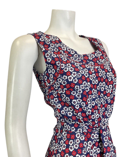 VINTAGE 60s 70s BLUE RED WHITE DAISY FLOWER SLEEVELESS SWING SUMMER DRESS 8