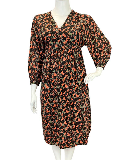 VINTAGE 60s 70s BLACK GREY ORANGE PSYCHEDELIC FLORAL LONGSLEEVE DRESS 16 18