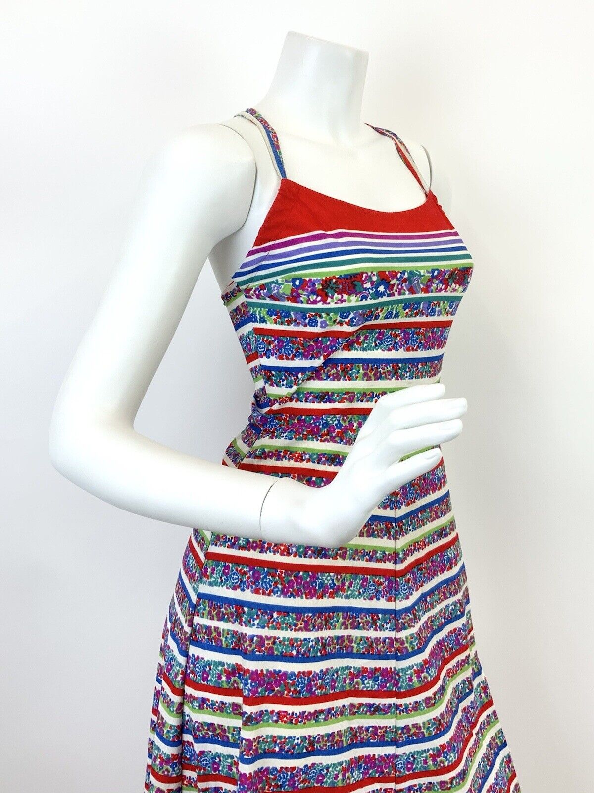 VINTAGE 60s 70s WHITE RED BLUE GREEN DITSY FLORAL STRIPED STRAPPY SUNDRESS 4