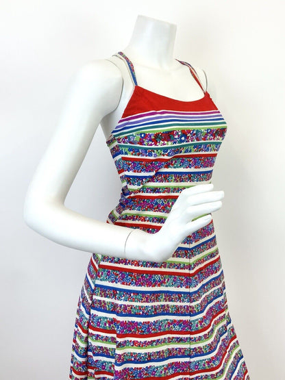 VINTAGE 60s 70s WHITE RED BLUE GREEN DITSY FLORAL STRIPED STRAPPY SUNDRESS 4