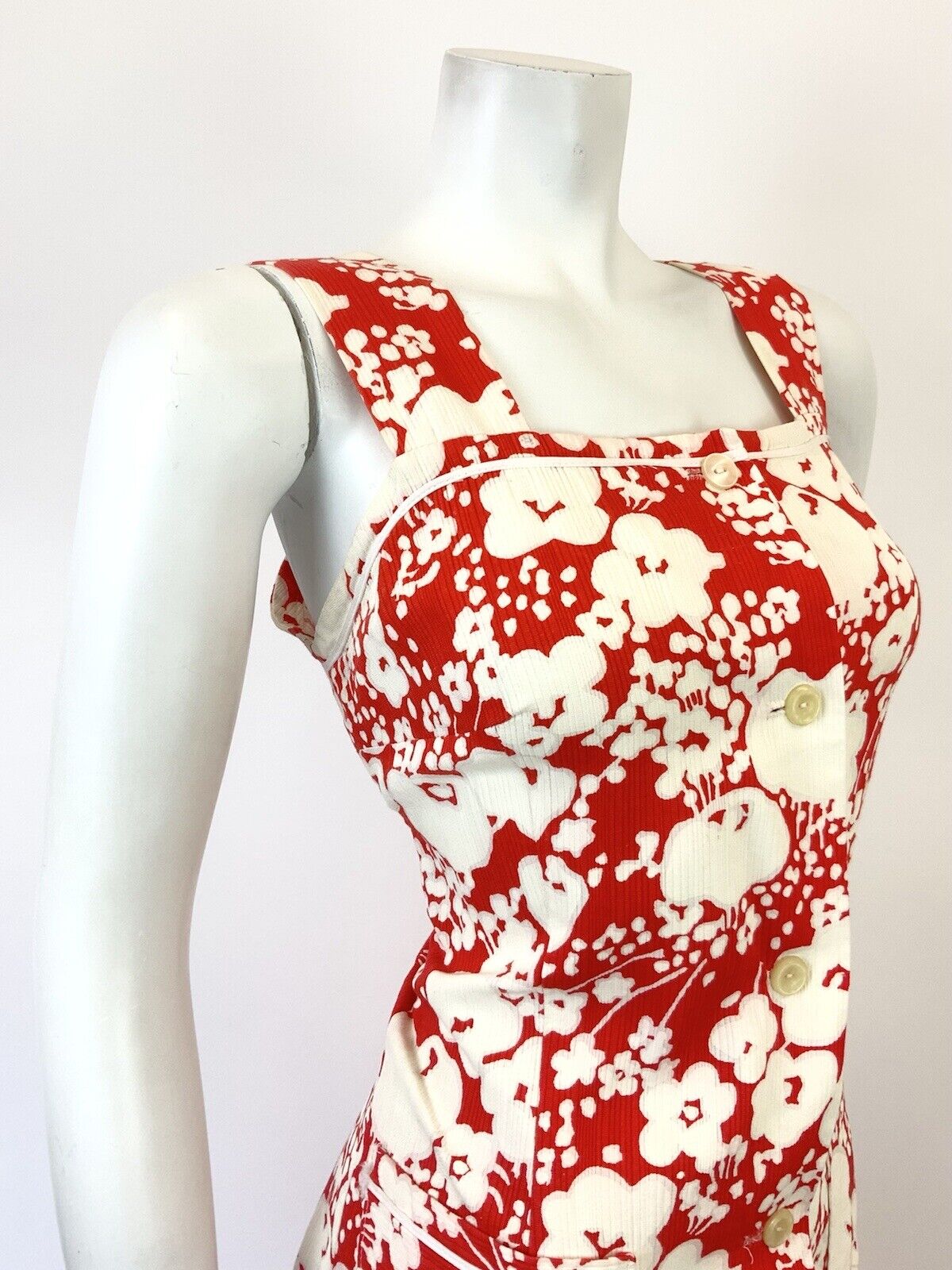 VINTAGE 60s 70s RED WHITE FLORAL PSYCHEDELIC PINAFORE SUMMER SUN DRESS 12