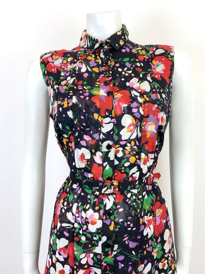 VTG 60s 70s BLACK RED WHITE GREEN FLORAL BELTED MOD SLEEVELESS SHIRT DRESS 12 14