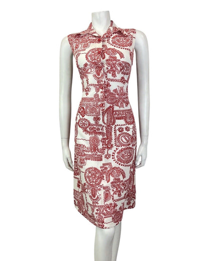 VINTAGE 60s 70s WHITE RED PSYCHEDELIC FLOWER FOLK SLEEVELESS SHIRT DRESS 12