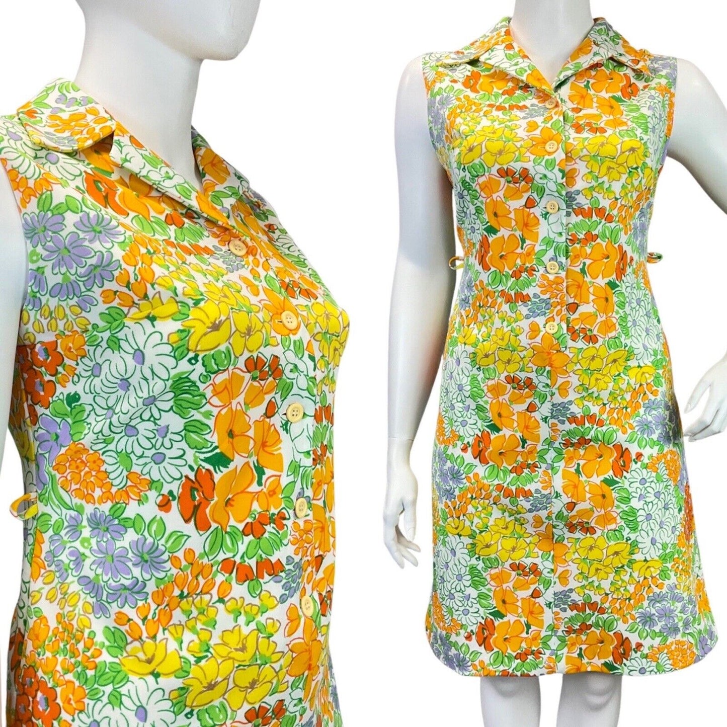 VINTAGE 60s 70s WHITE YELLOW ORANGE FLORAL SLEEVELESS DAGGER SHIRT DRESS 16 18