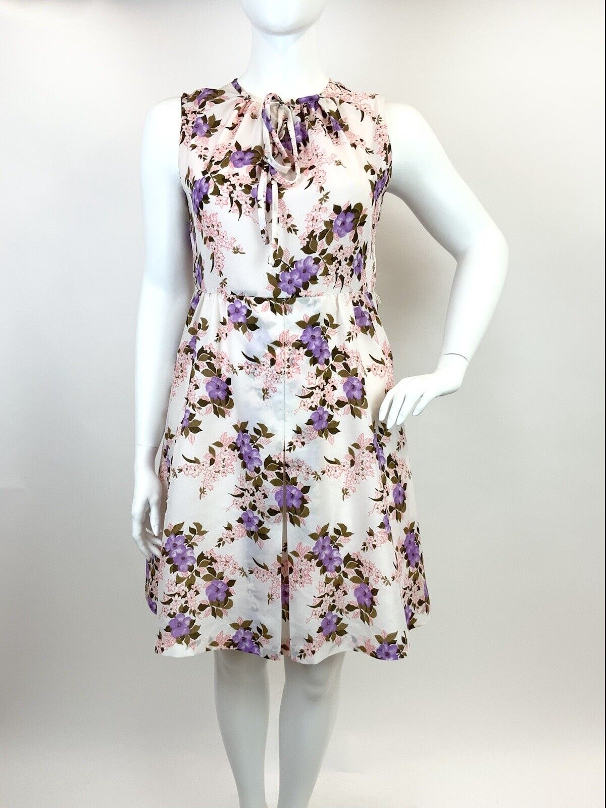 VINTAGE 60s 70s WHITE PURPLE PINK BROWN FLORAL FLOATY SLEEVELESS DRESS 16 18