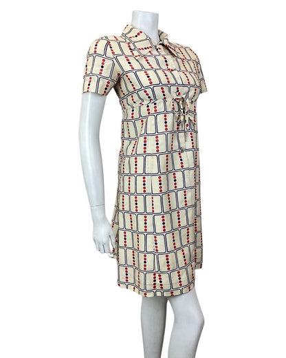 VINTAGE 60s 70s CREAM BLUE RED GEOMETRIC DOTTY DAGGER COLLAR MOD SHIRT DRESS 12