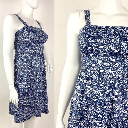 VINTAGE 60s 70s BLUE WHITE FLORAL DITSY DAISY STRIPED STRAPPY MOD SUN DRESS 14