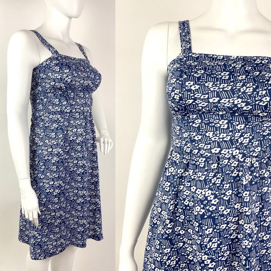 VINTAGE 60s 70s BLUE WHITE FLORAL DITSY DAISY STRIPED STRAPPY MOD SUN DRESS 14