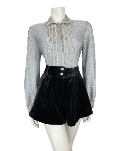 VINTAGE 60s 70s SILVER SCALLOPED GLITTER DISCO PARTY STUDIO 54 LUREX SHIRT 14 16