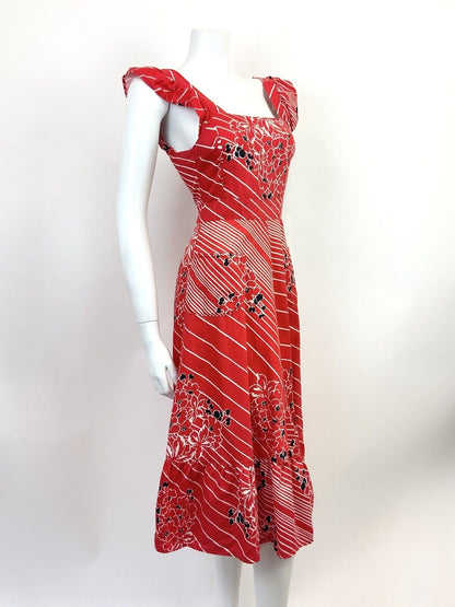 VINTAGE 60s 70s RED WHITE BLACK STRIPED FLORAL RUFFLED APRON SUMMER DRESS 4