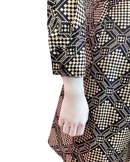 VINTAGE 60s 70s CREAM BLACK GEOMETRIC CHECKERBOARD MOD DAGGER SHIRT DRESS 8 10