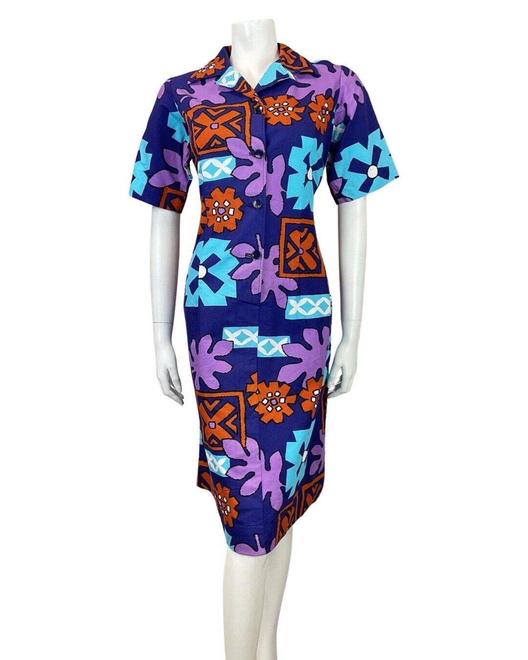 VINTAGE 60s 70s PURPLE BLUE ORANGE HAWAIIAN FLORAL SHIRT DRESS 14 16