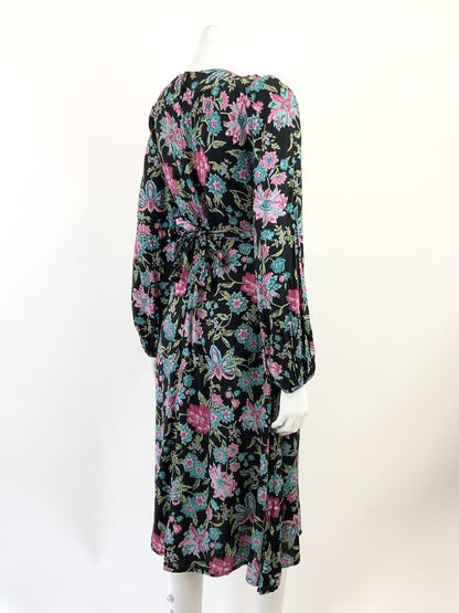 VINTAEG 60s 70s BLACK PINK BLUE GREEN FLORAL BOHO FOLK PUFF SLEEVE DRESS 8