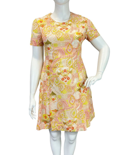 VINTAGE 60s 70s YELLOW RED WHITE PSYCHEDELIC PAISLEY FLORAL MOD DRESS 16 18
