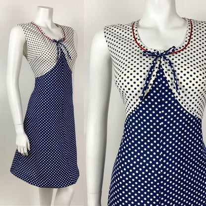 VINTAGE 60s 70s BLUE WHITE RED POLKA-DOT BOW MOD SLEEVELESS DRESS 12 14