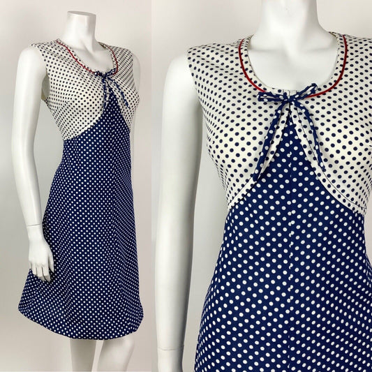 VINTAGE 60s 70s BLUE WHITE RED POLKA-DOT BOW MOD SLEEVELESS DRESS 12 14