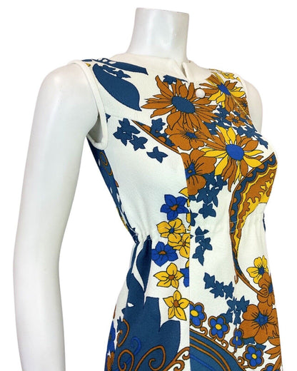 VINTAGE 60s 70s WHITE BLUE YELLOW PSYCHEDELIC FLORAL SLEEVELESS MOD DRESS 6