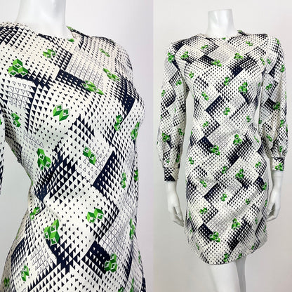 VINTAGE 60s 70s WHITE BLUE GREEN GEOMETRIC OP-ART MOD A-LINE SHORT DRESS 10 12