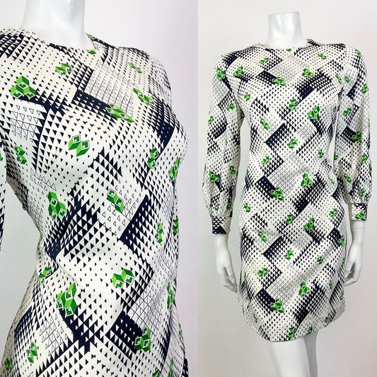 VINTAGE 60s 70s WHITE BLUE GREEN GEOMETRIC OP-ART MOD A-LINE SHORT DRESS 10 12