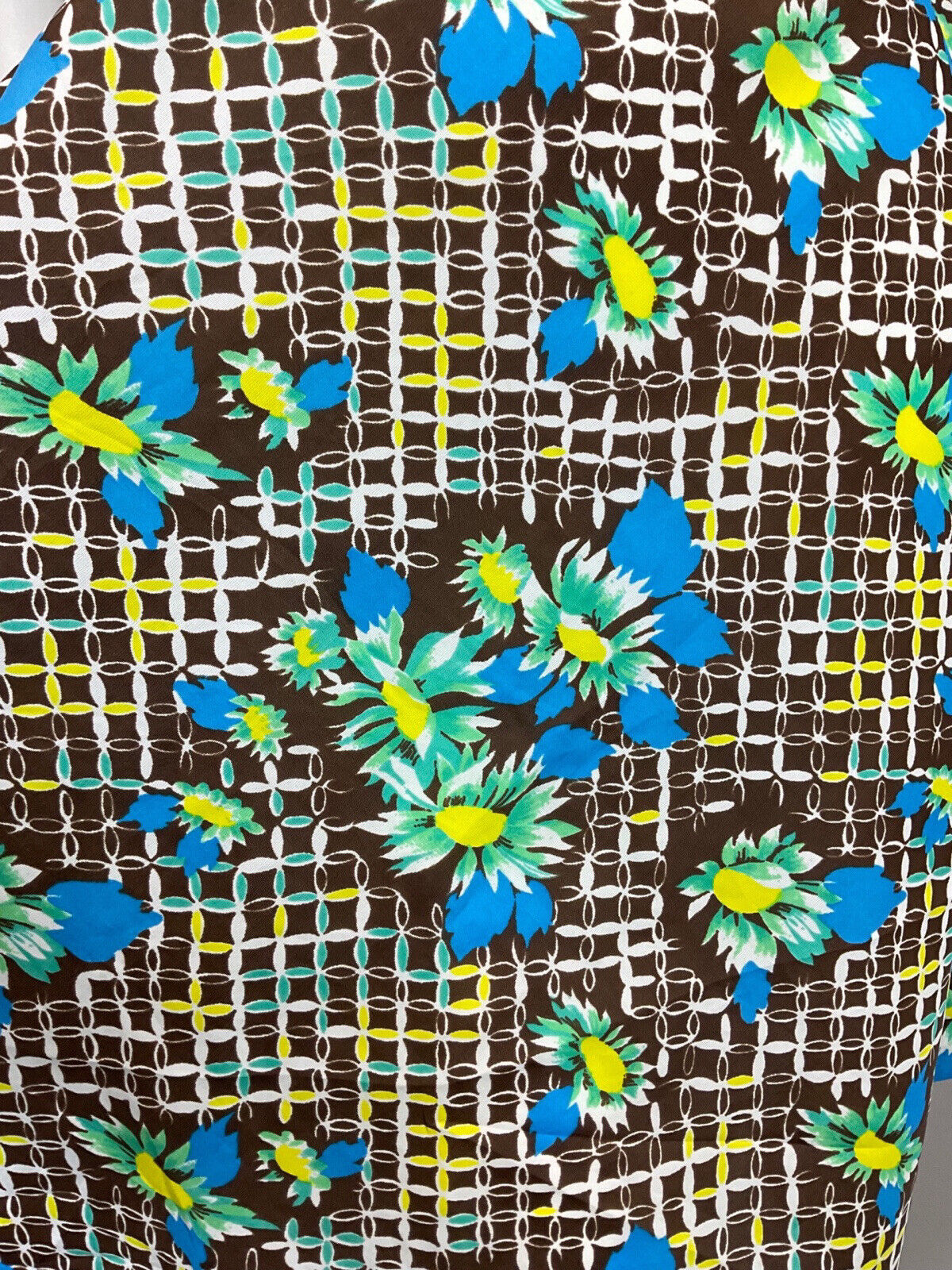 VINTAGE 60s 70s BROWN BLUE WHITE GRID CHECKED FLORAL MOD SWING DRESS 10 12