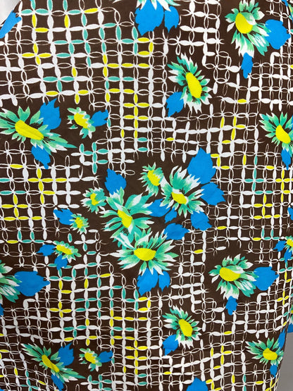 VINTAGE 60s 70s BROWN BLUE WHITE GRID CHECKED FLORAL MOD SWING DRESS 10 12