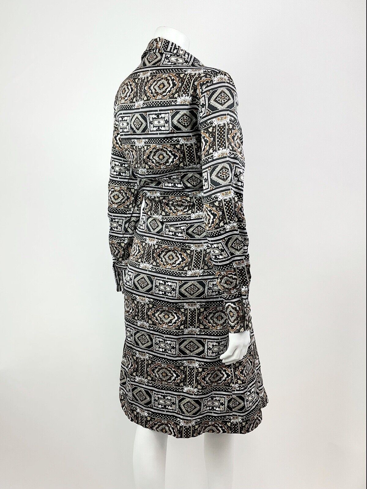 VTG 60s 70s BLACK BROWN WHITE PSYCHEDELIC TILED BAROQUE ORNATE SHIRT DRESS 14
