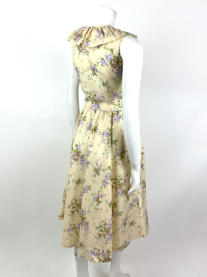 VINTAGE 60s 70s CREAM BROWN GREEN PURPLE FLORAL RUFFLE FLOATY DRESS 10 12
