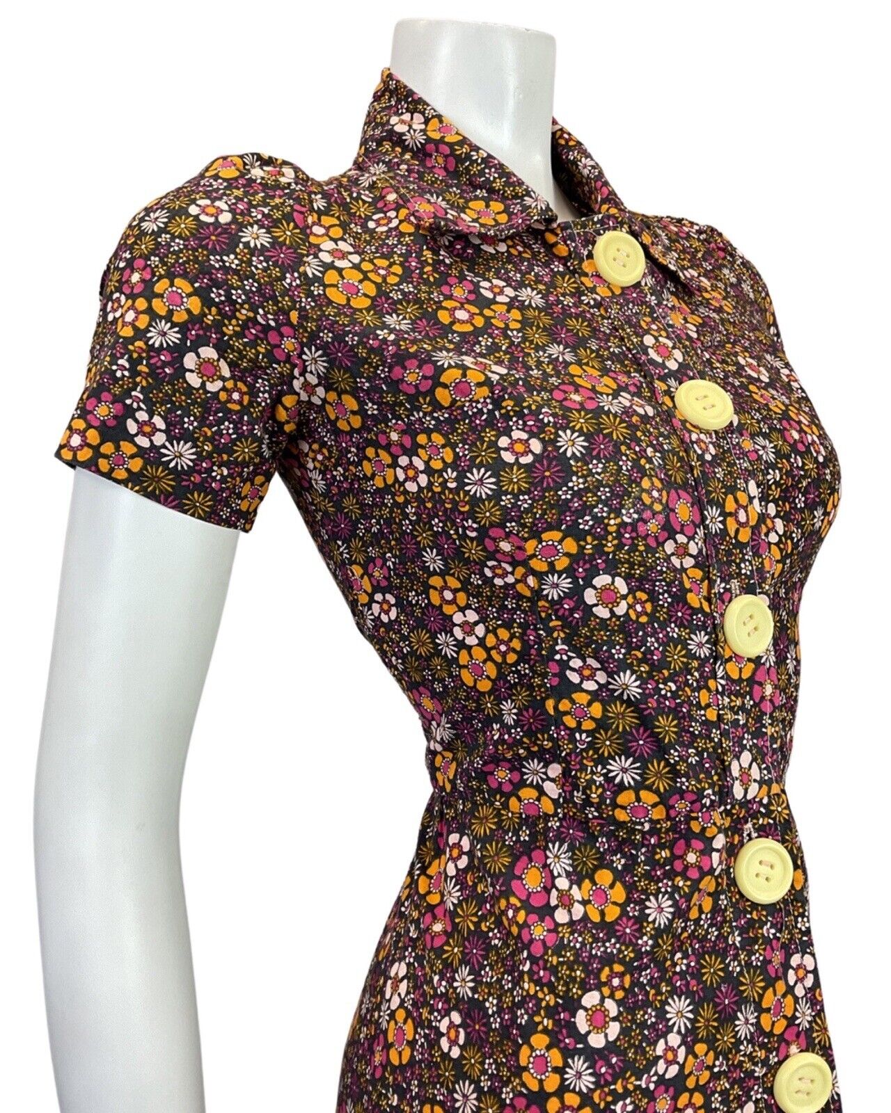 VINTAGE 60s 70s BLACK PINK PURPLE ORANGE FLORAL DITSY MOD DAGGER SHIRT DRESS 8